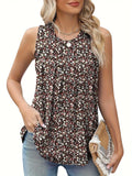 Black floral print sleeveless vest on hanger showing round neck and loose fit design