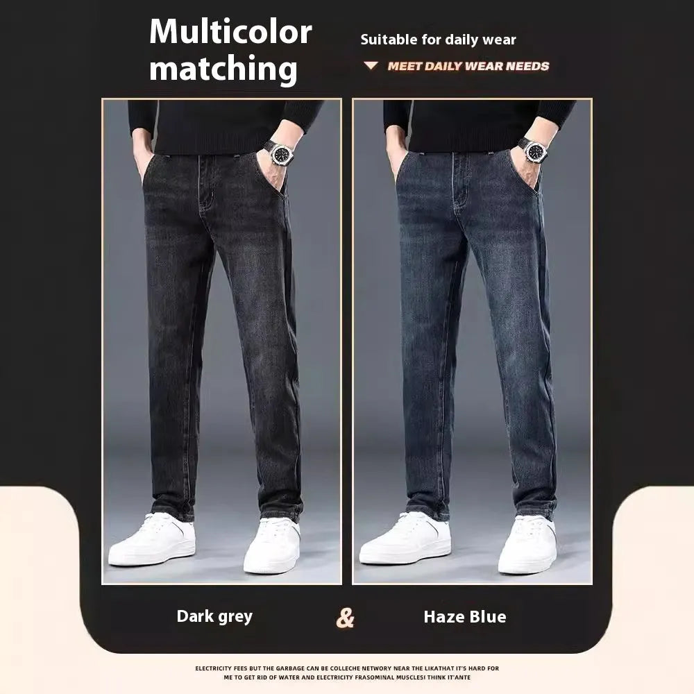Men's slim straight polyester trousers with micro elasticity in blue grey or black