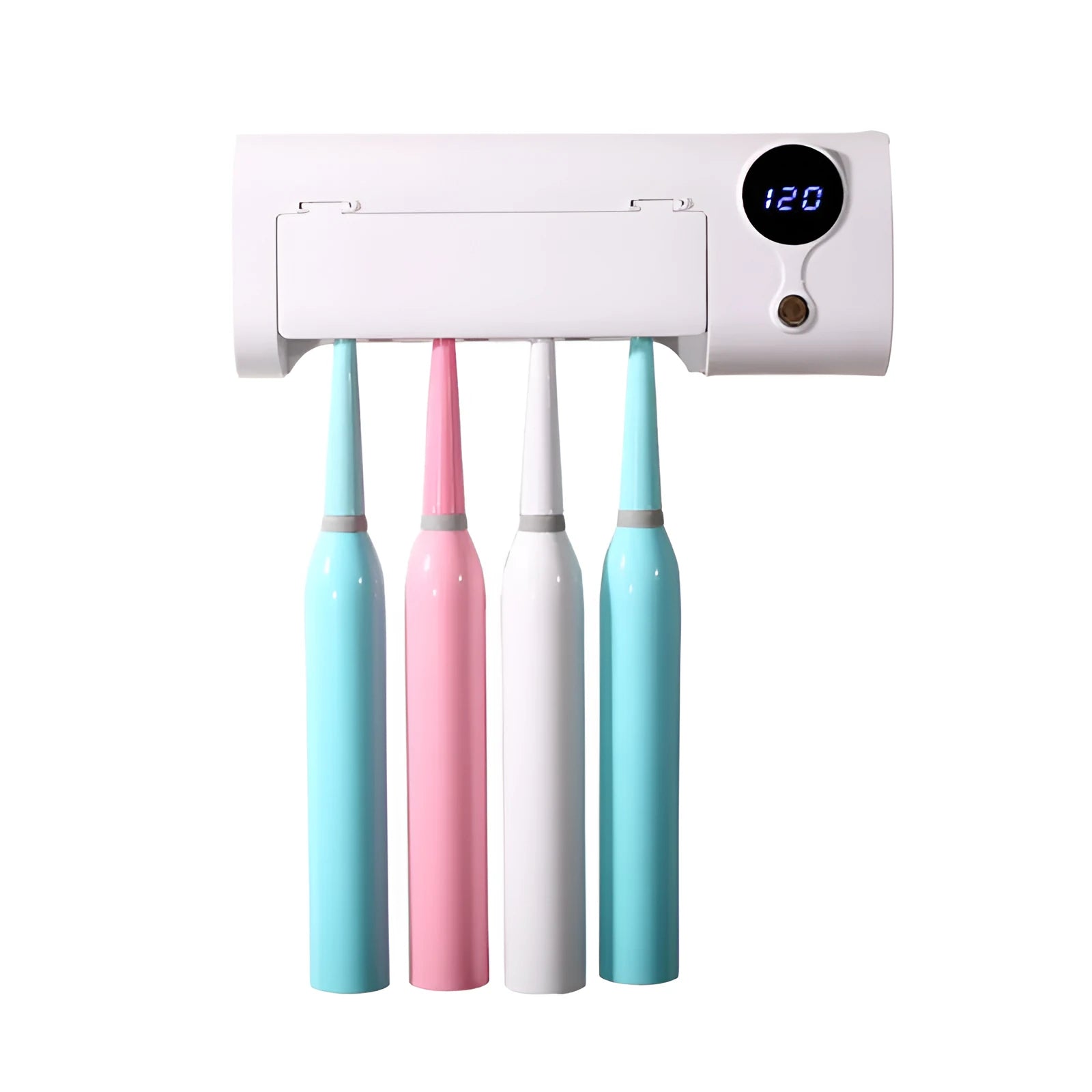 White wall-mounted smart UV toothbrush steriliser holder with USB port and button.