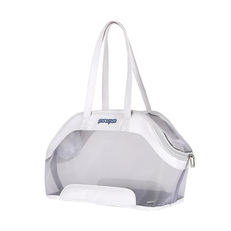 MOORPET leather cat carry bag in beige with structured sides and top handle.