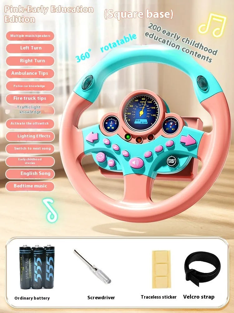 Children's steering wheel early education toy with music and lights, plastic, 25.5x25.5cm, pink traffic version