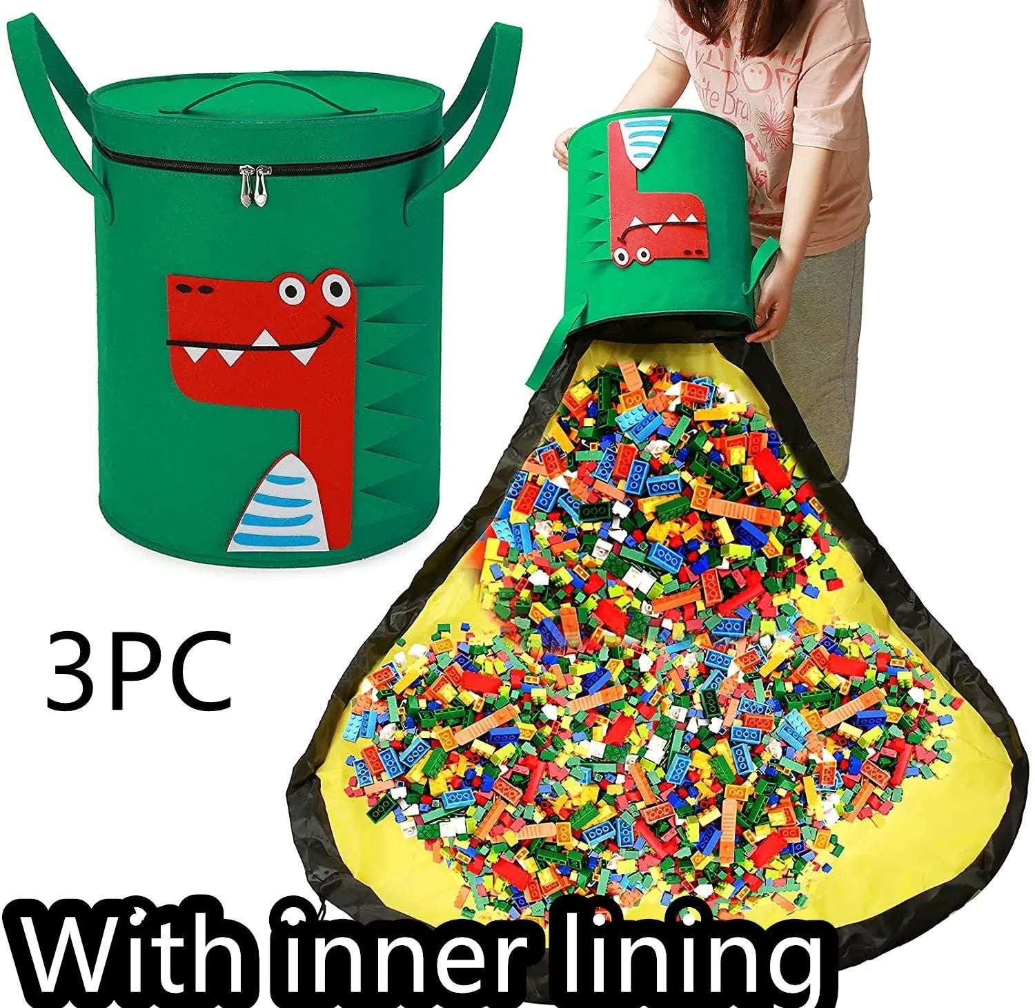 Green felt storage bag cinched closed with pull rope, shown next to it laid flat as a play mat