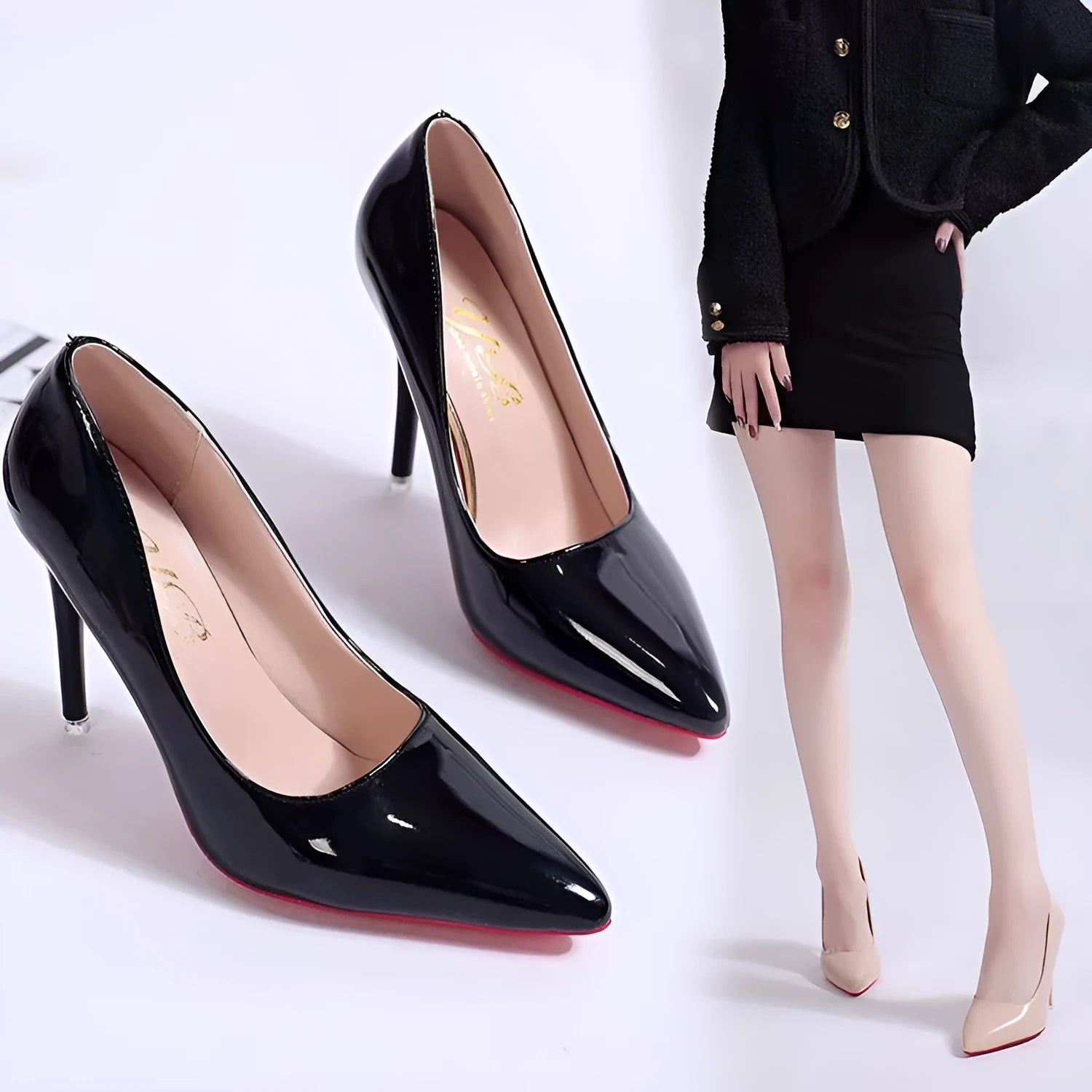 Women's pointed toe stiletto pump in a solid colour with a shallow cut, showing heel height options.