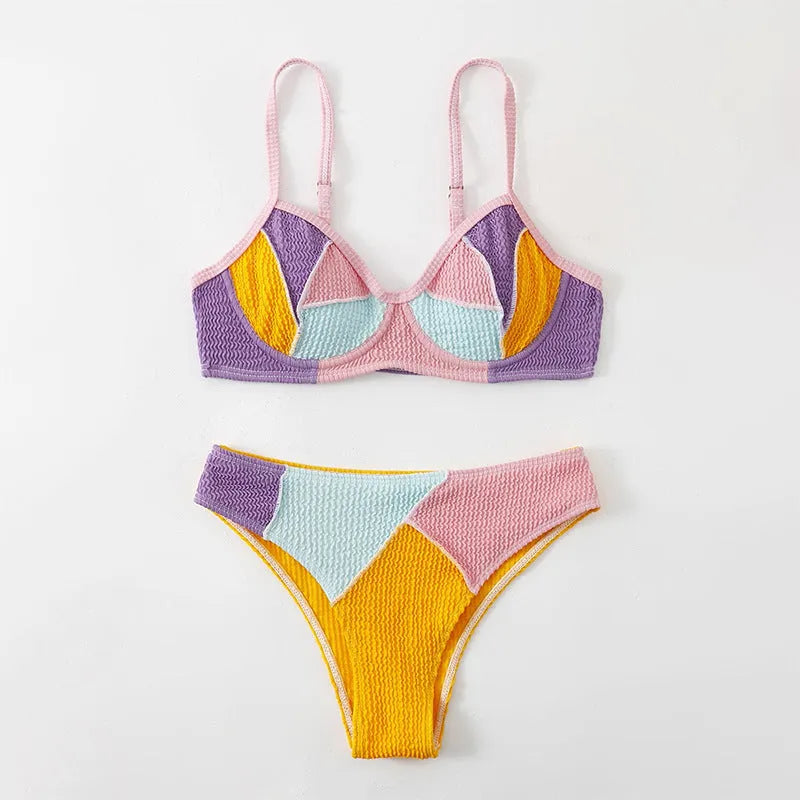 Ladies splicing colour bikini set with steel push-up cups and backpack stitching detail on the back.