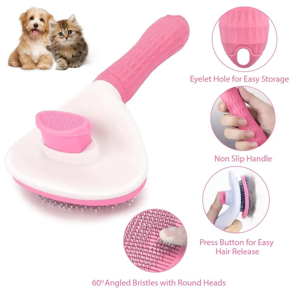 Cat grooming brush with a release button, featuring fine wire bristles, shown in blue colour.