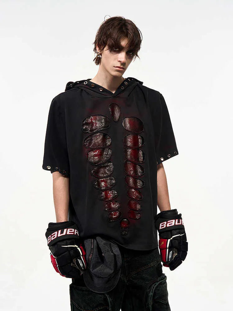 Black men's hooded short-sleeve T-shirt with sequin details and a loose-fitting silhouette.