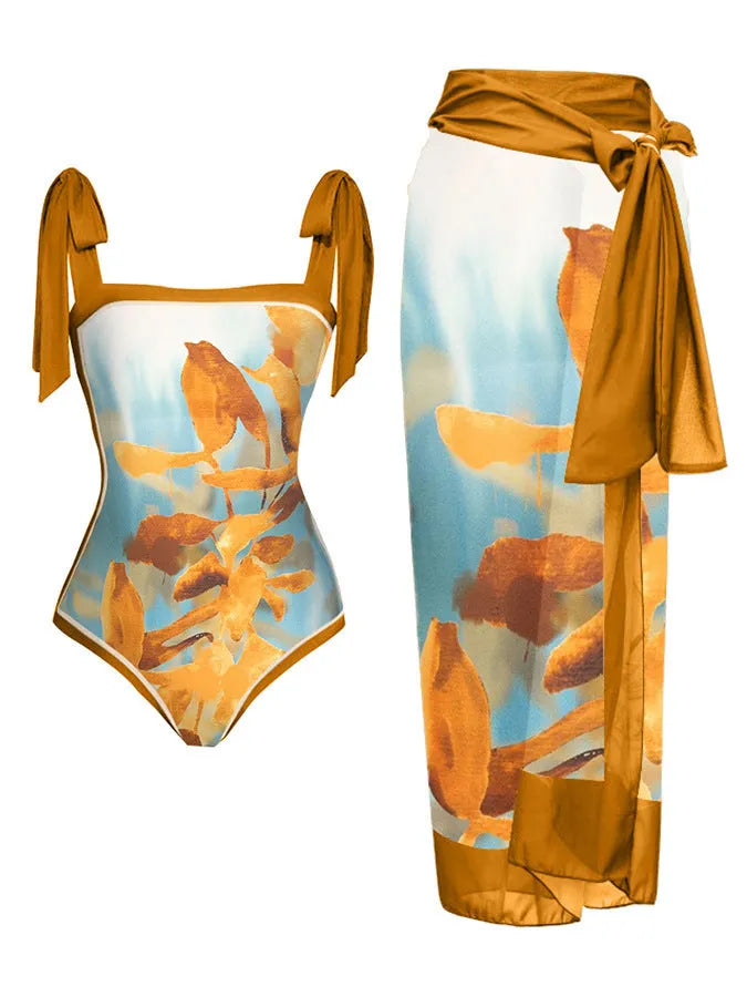 Women's floral print chiffon swimsuit with matching skirt for swimming