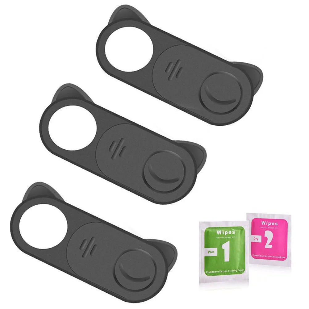 Black plastic sliding webcam privacy cover 18 x 9 mm placed over laptop camera lens