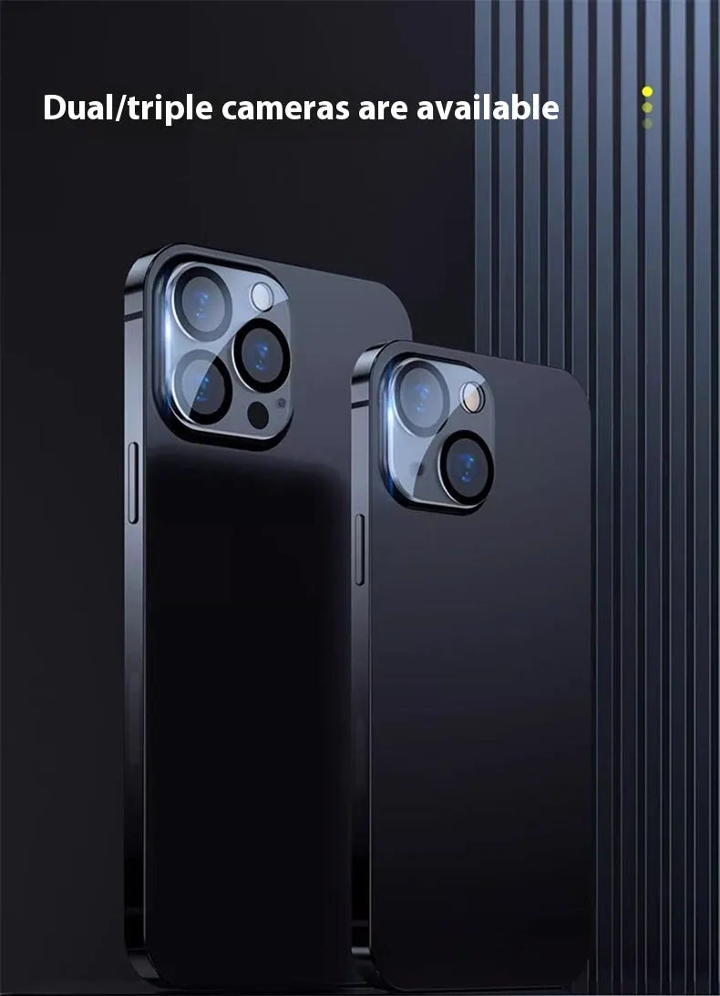 Tempered glass camera lens protector for iPhone showing integrated rear film covering camera module
