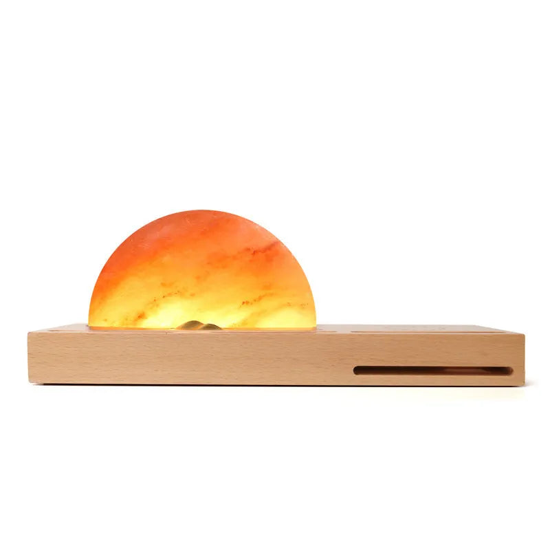 Sunrise Oriental LED table lamp with natural crystal salt shade and wireless charging on beech wood base