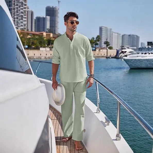 Men's casual cotton trousers suit in a solid colour, showing long sleeve top and matching trousers