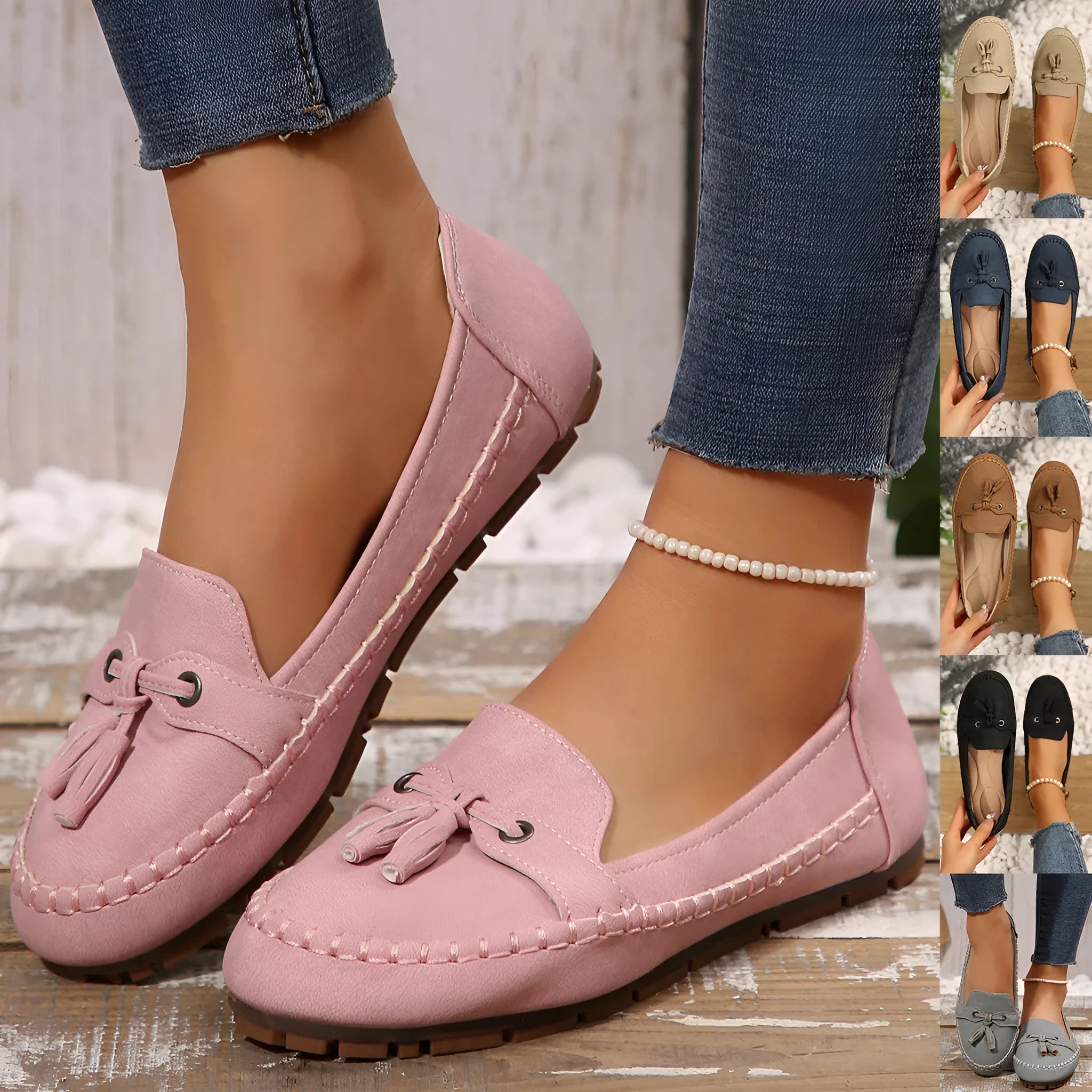 Women's round head loafers non-slip flats low heel artificial PU TPR sole available in multiple colours