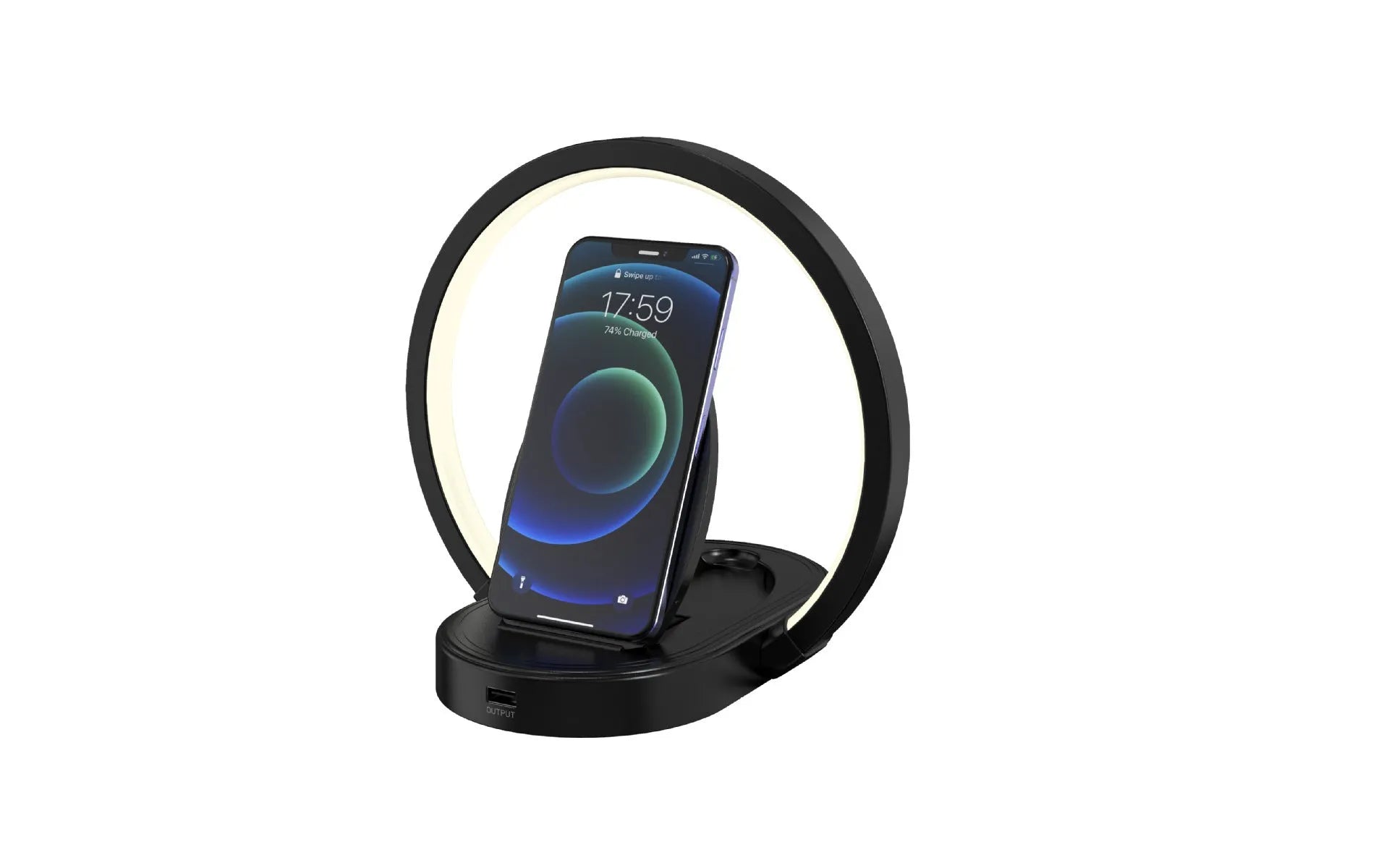 Night light lamp Bluetooth speaker table light with 10W wireless charger USB port phone holder in black finish