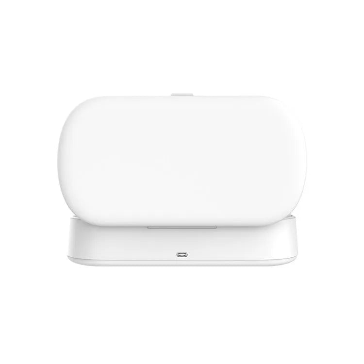 White UV wireless disinfection and charging box for sterilising mobile phones and personal items.