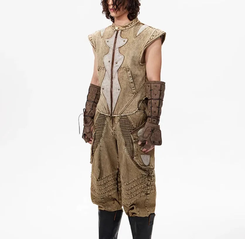 Summer Dark Knight pleated vest in cotton denim fabric, picture colour, front view