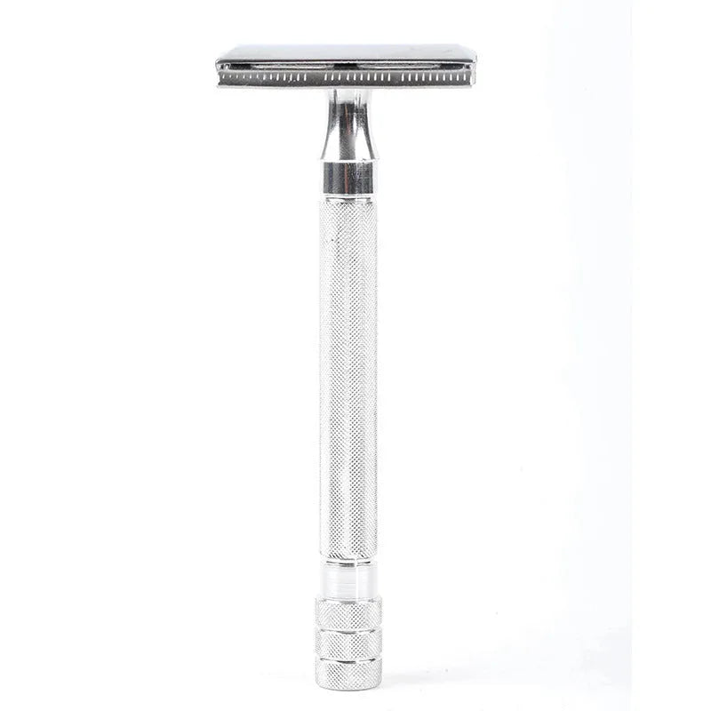 Traditional manual shaving razor and brush combination set in metal construction