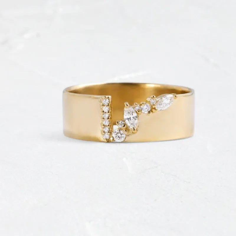 Women's gold electroplated copper ring with shining zircon detail showing personality style design