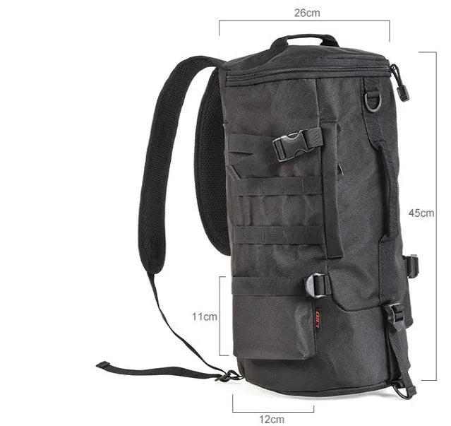 Cylinder fishing tackle backpack black polyester fabric 23L capacity 45x26x26cm