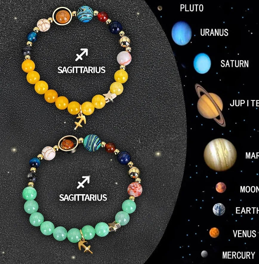 Two natural stone beaded bracelets with Chinese zodiac animal charms on an adjustable cord.