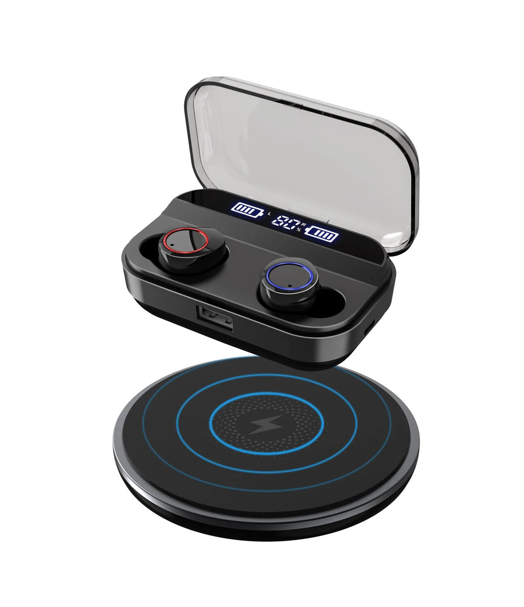 X11 black wireless Bluetooth earphones and charging case with silicone ear tips.
