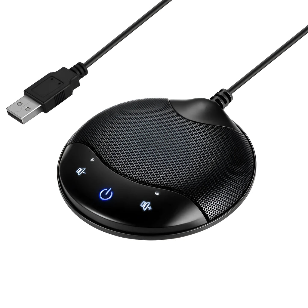 Black cube-shaped A7 USB condenser microphone on a desktop next to a computer.