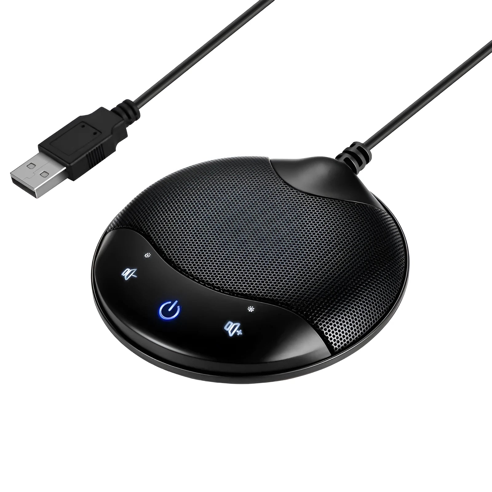 Black cube-shaped A7 USB condenser microphone on a desktop next to a computer.