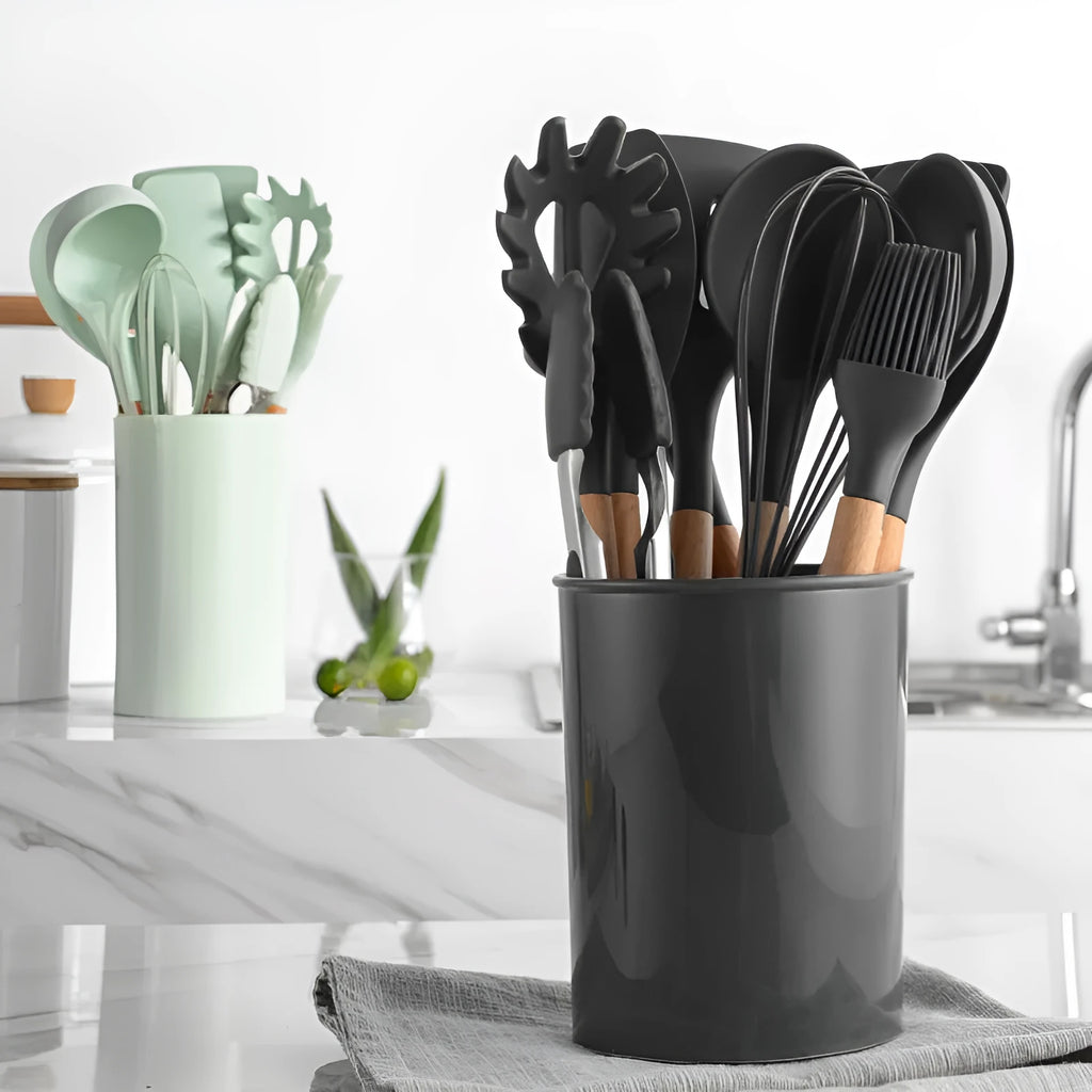 12-piece silicone kitchenware set with wooden handles in modern simplicity design, colour box packaging