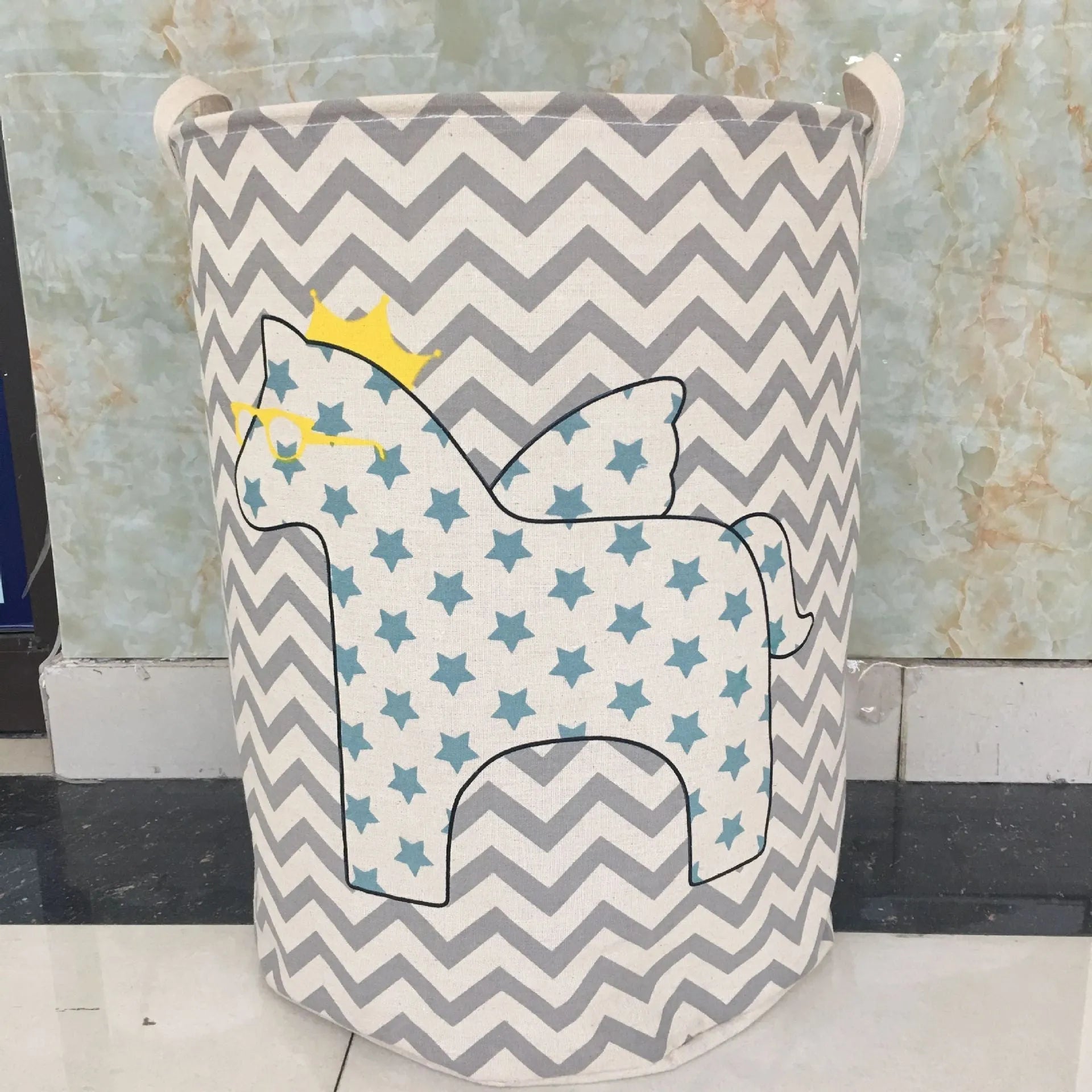 Cotton linen storage bucket with five-pointed star and horse art design, 315g, available in three colours