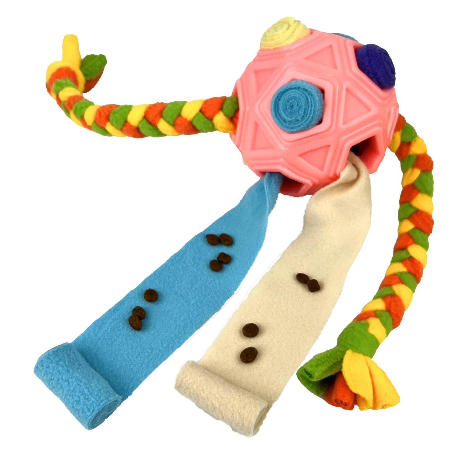 TPE sniffing ball dog puzzle toy showing textured surface with openings for treat dispensing