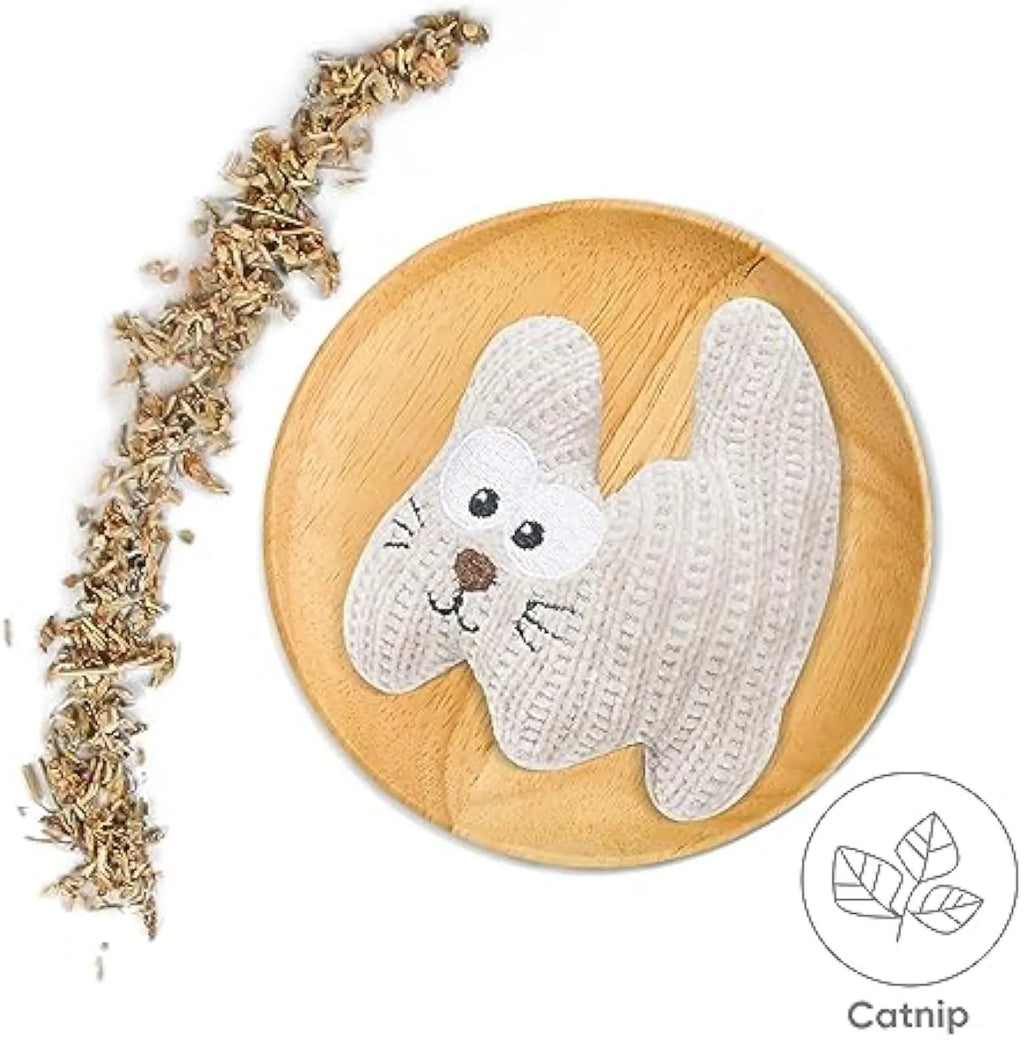Cyan knitted plush cat toy with bell and organic catnip filling on a white background.