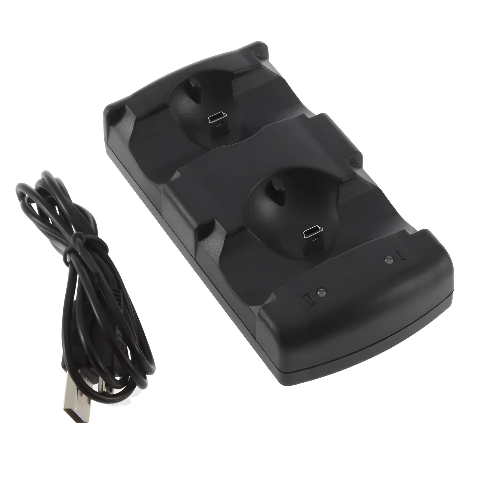 Black PS3 dual controller charging dock with two ports and a USB cable.