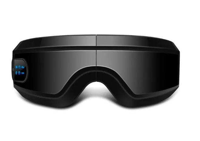Black rechargeable eye massager with LCD screen, adjustable headband, and Bluetooth music player showing air pressure and hot compress functions