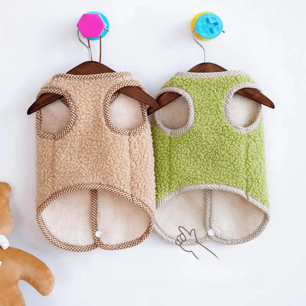 Coral fleece dog sweatshirt vest with leash ring in green colour for small pets