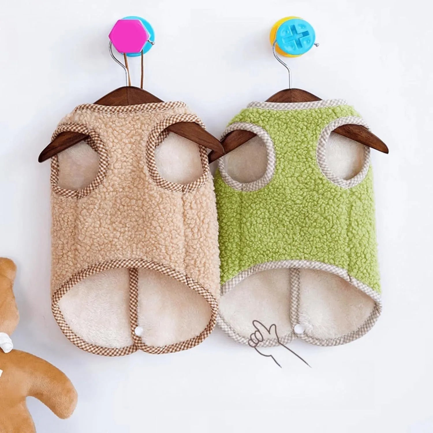 Coral fleece dog sweatshirt vest with leash ring in green colour for small pets