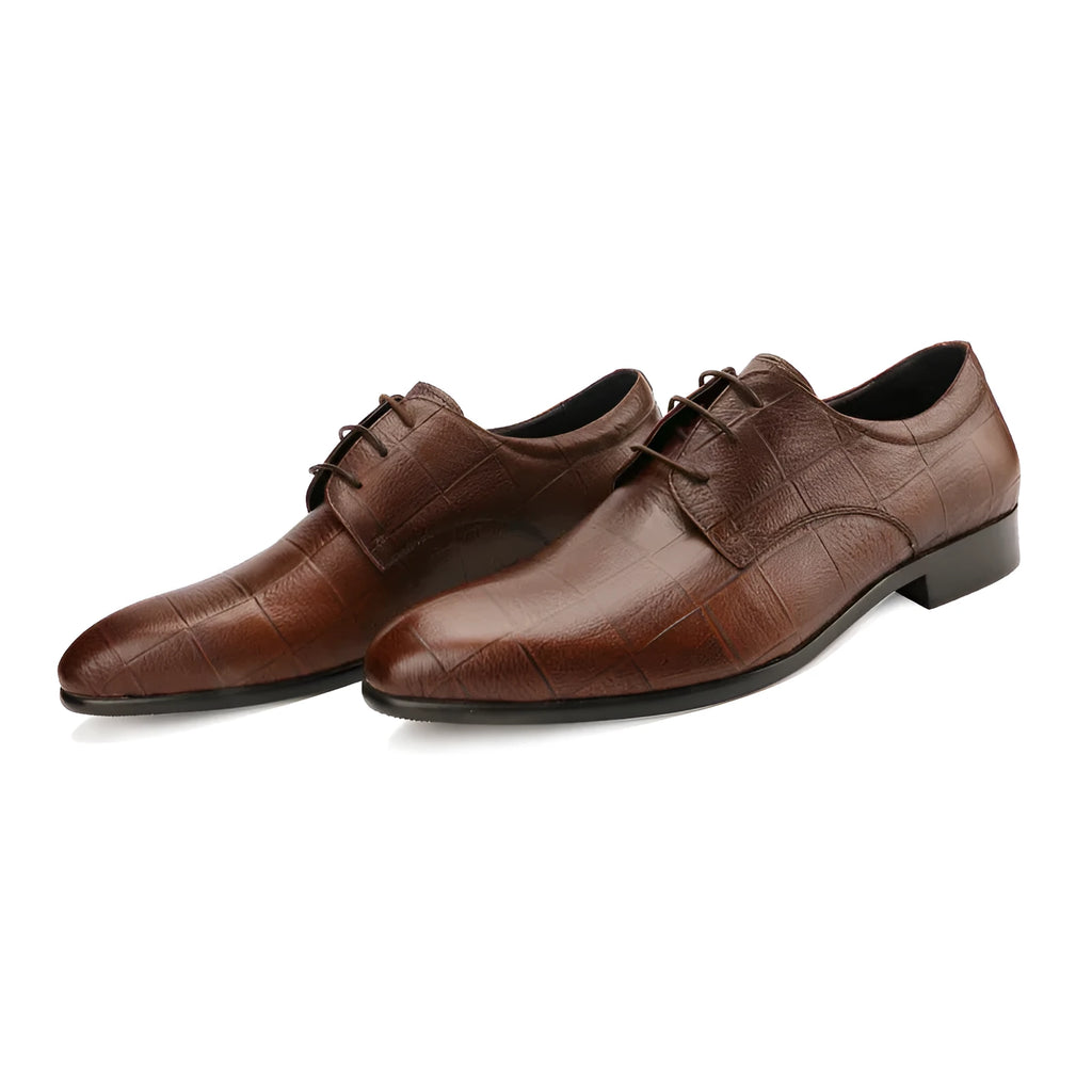 Men's black leather derby shoes with pointed toe and checkered stitching detail