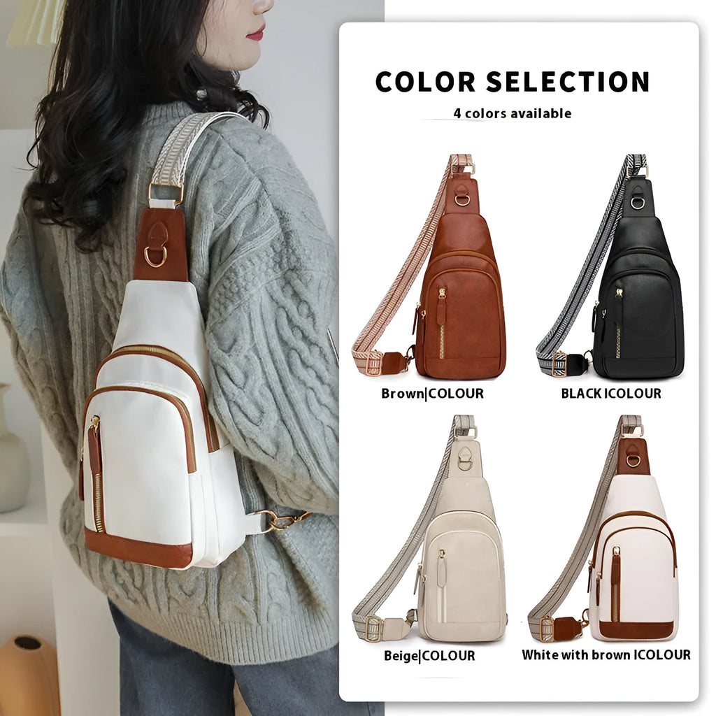Small brown PU leather crossbody bag with sewing thread details and zip compartments