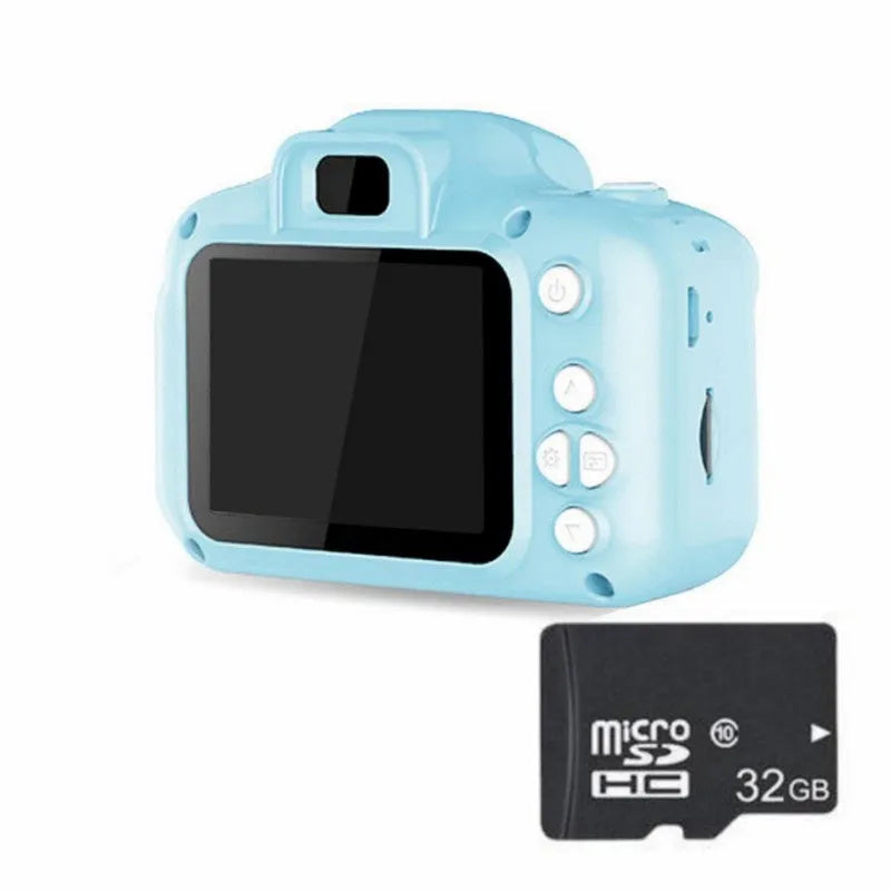 Children's HD digital waterproof camera in blue with 2.3 inch screen and compact design