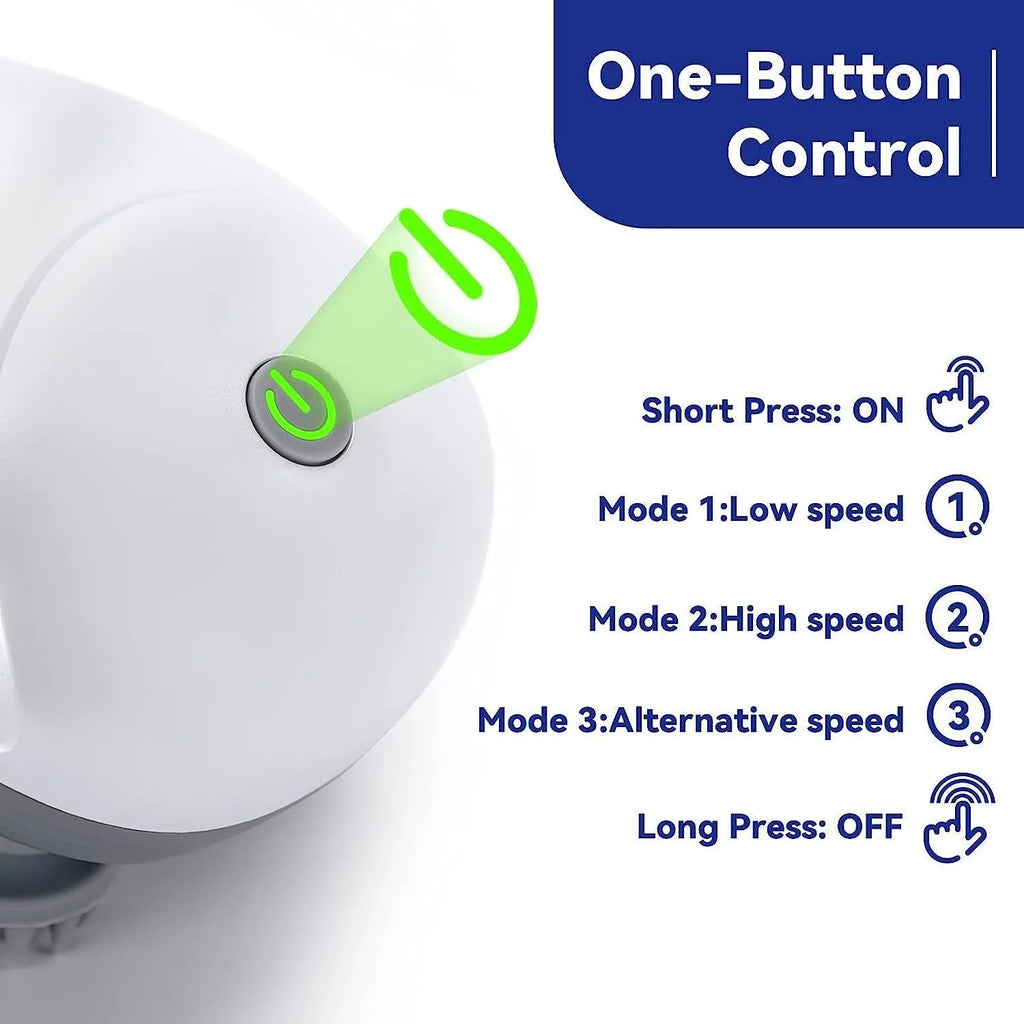 Blue electric pet massager with four rotating heads held in hand next to cat