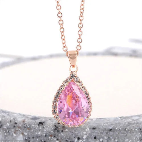 Rose gold drop necklace with rhinestone pendant in pink colour, geometric Japanese Korean style women's jewellery