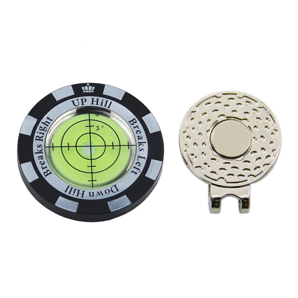 Golf level hat clip with bubble vial and position mark, shown in multiple colour variations.