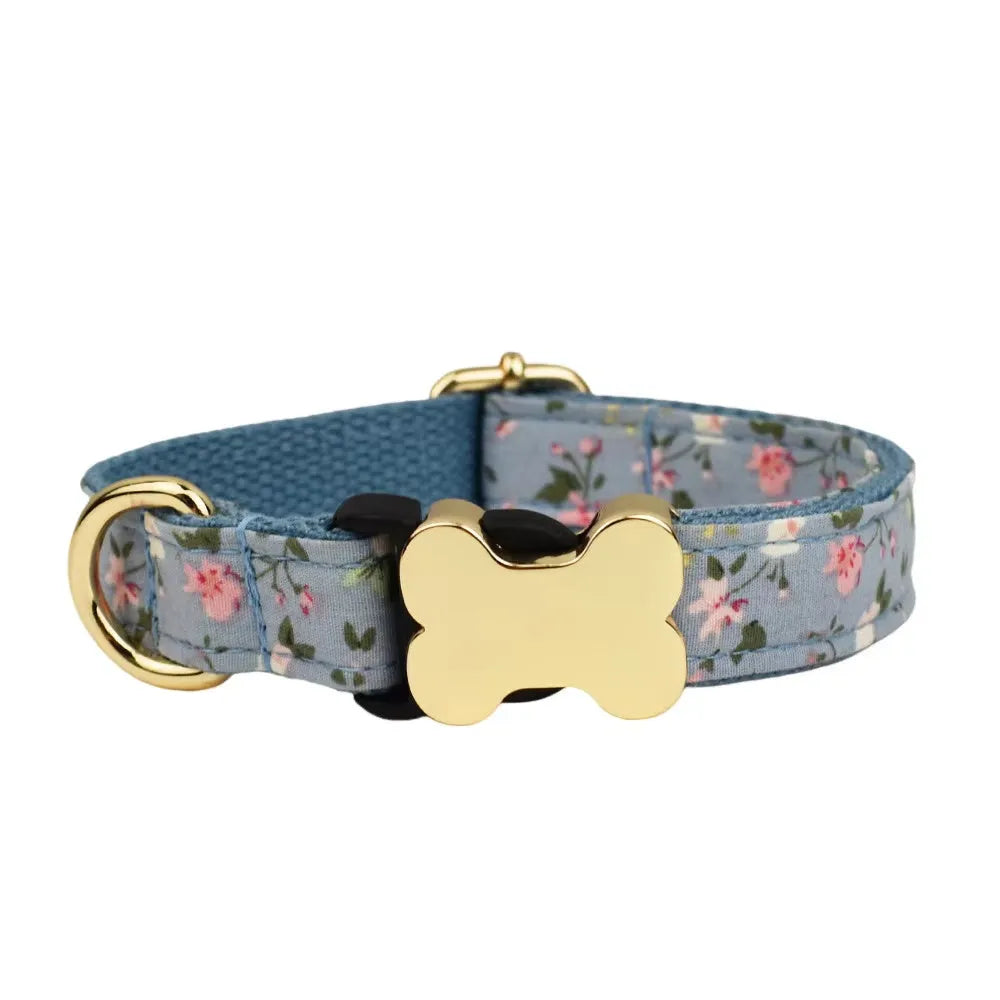 Flat nylon dog collar with printed grid pattern and bone buckle in assorted colours