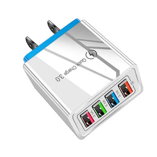 Multi-port USB charging head with four ports, PC+ABS housing in black, white, and blue options