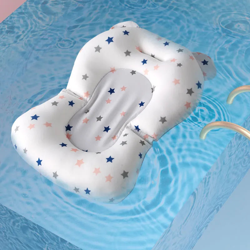 Foldable baby bath seat support mat with Styrofoam particles, available in multiple colours including green bear and light blue star
