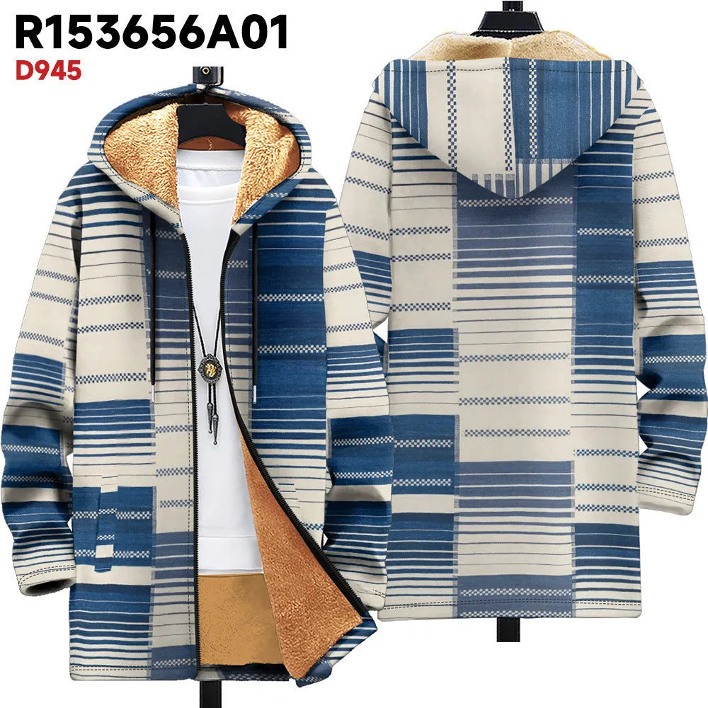 Men's hooded zip-front cardigan with multicolour digital print pattern in loose fit