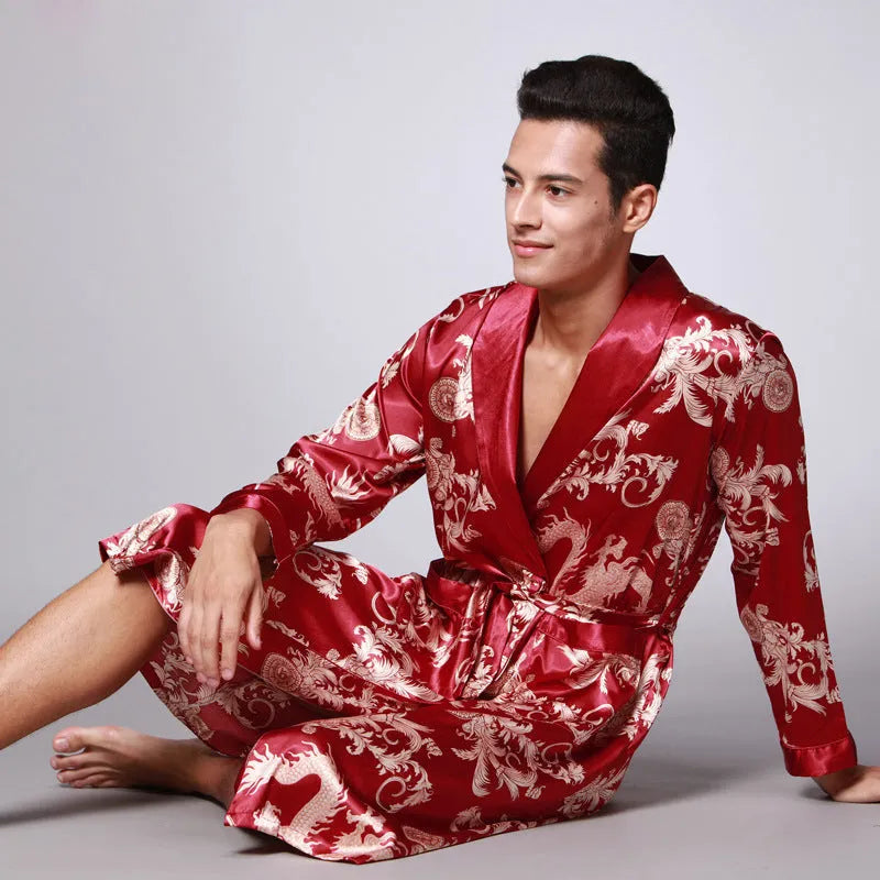 Men silk robe in wine red with V-neck and long sleeves, satin fabric with 95% modal, available in sizes L to 3XL