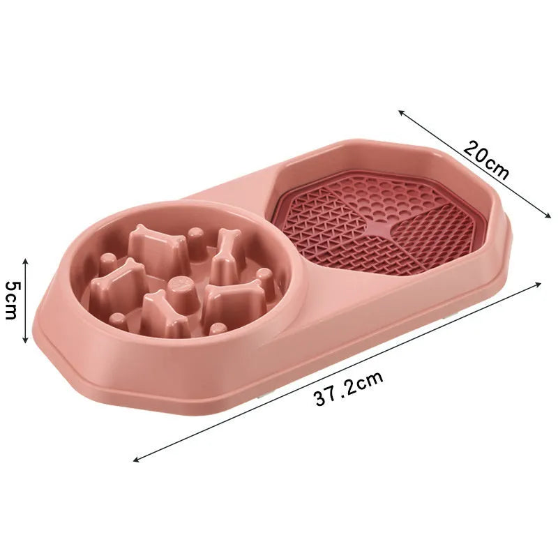 Blue interactive slow feeder dog bowl with maze pattern for anti-gulping, shown with four non-slip pads.