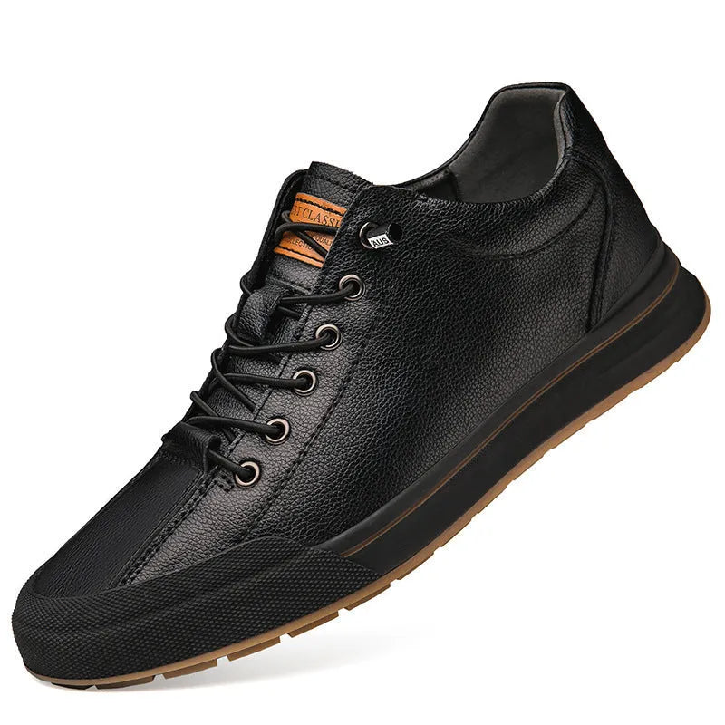 Men's white matte leather casual shoes with round toe and flat sole.