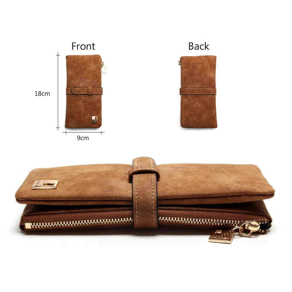 TAUREN retro matte leather women's long wallet open showing card slots and zip closure