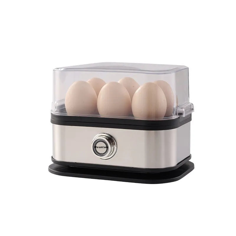 Black stainless steel portable egg boiler with a carry belt on a white background.
