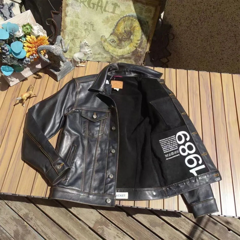 Men's cowhide leather jacket western cowboy retro workwear no lining short length black coffee